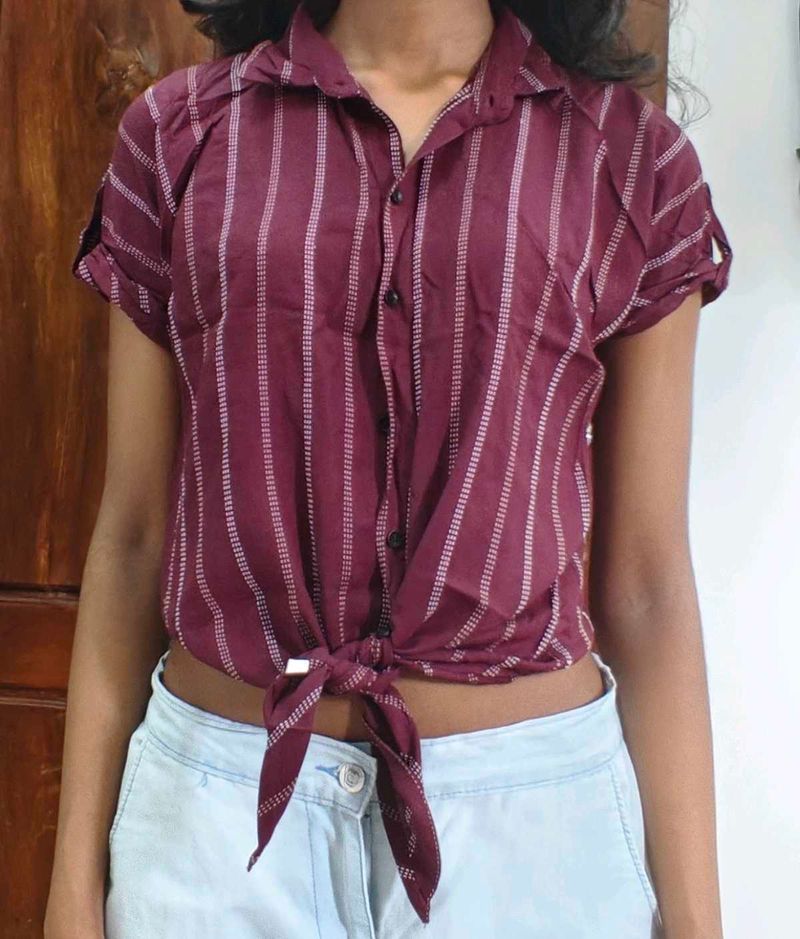 Maroon Striped Tie-Front Shirt