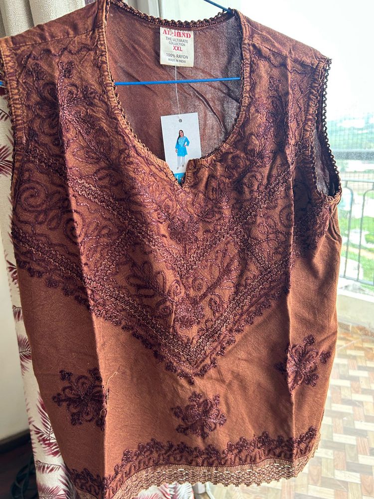 Embroidered Brown Sleeveless Kurta Top