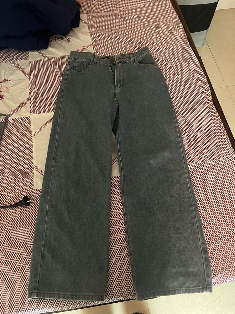 Grey Wide Leg Jeans with miniso face wash ( more t