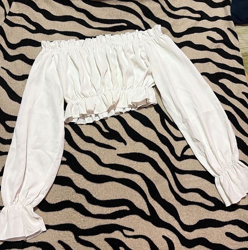 White Off-Shoulder Ruffle Crop Top