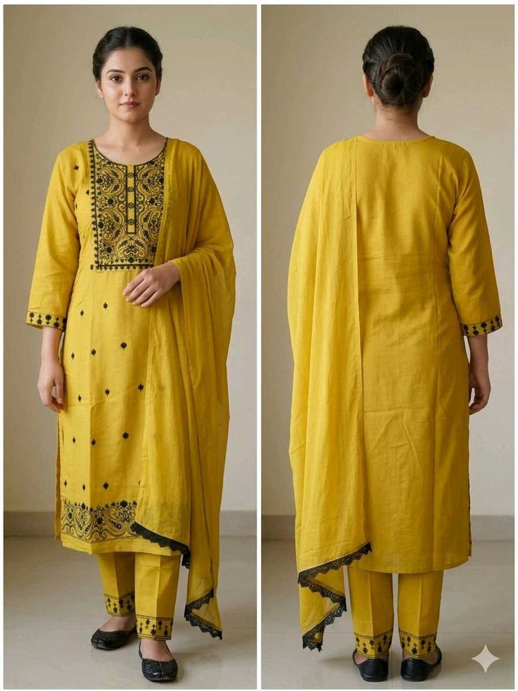 Yellow Kurta Set with Black Embroidery