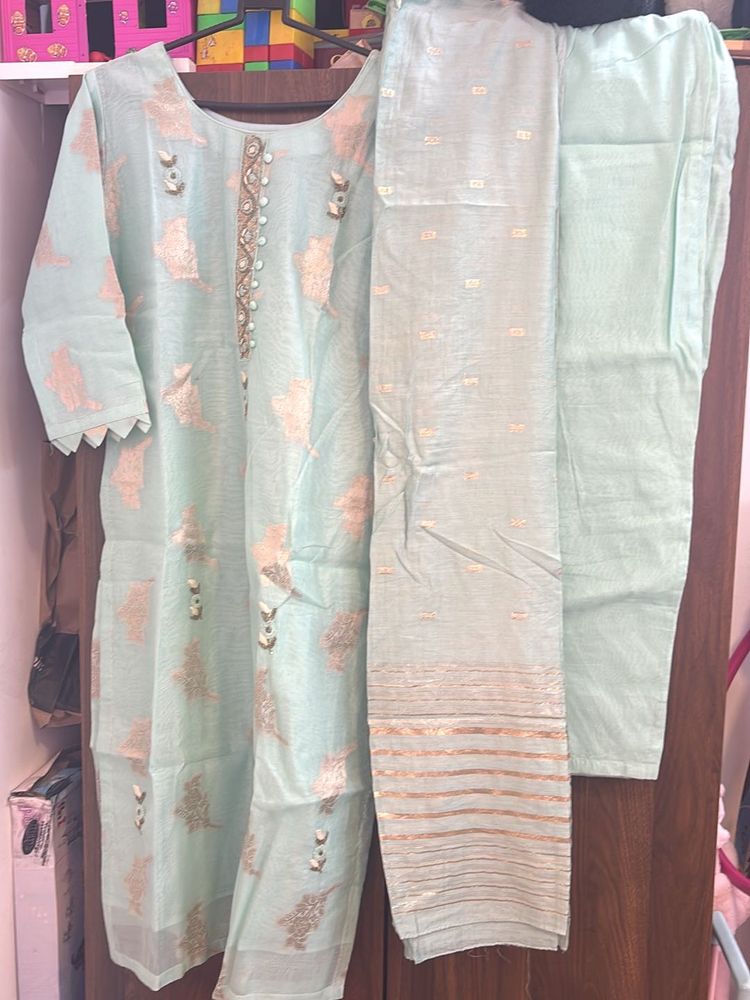 Elegant Mint Green Embroidered Suit Set negotiable