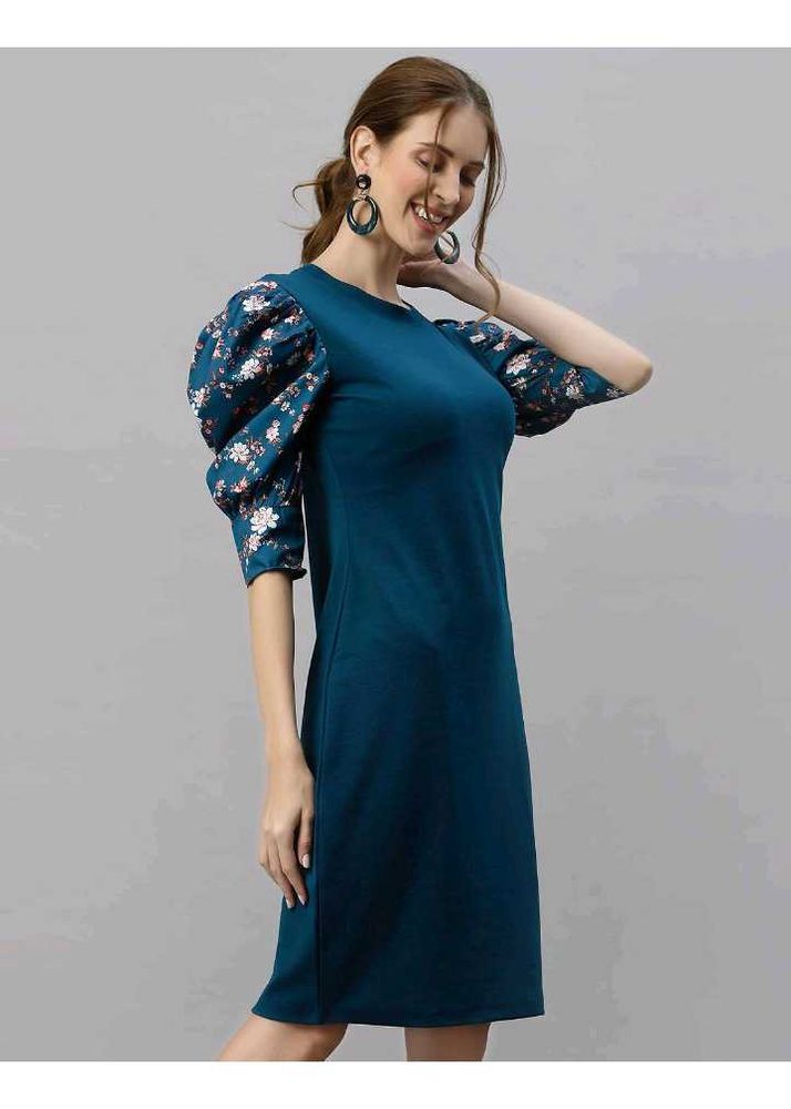 Teal Dress with Floral Puff Sleeves (small)