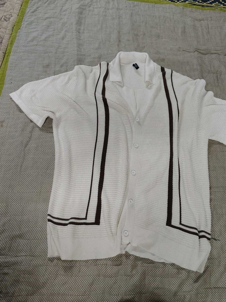 Men's White Knit Button-Up Sweater
