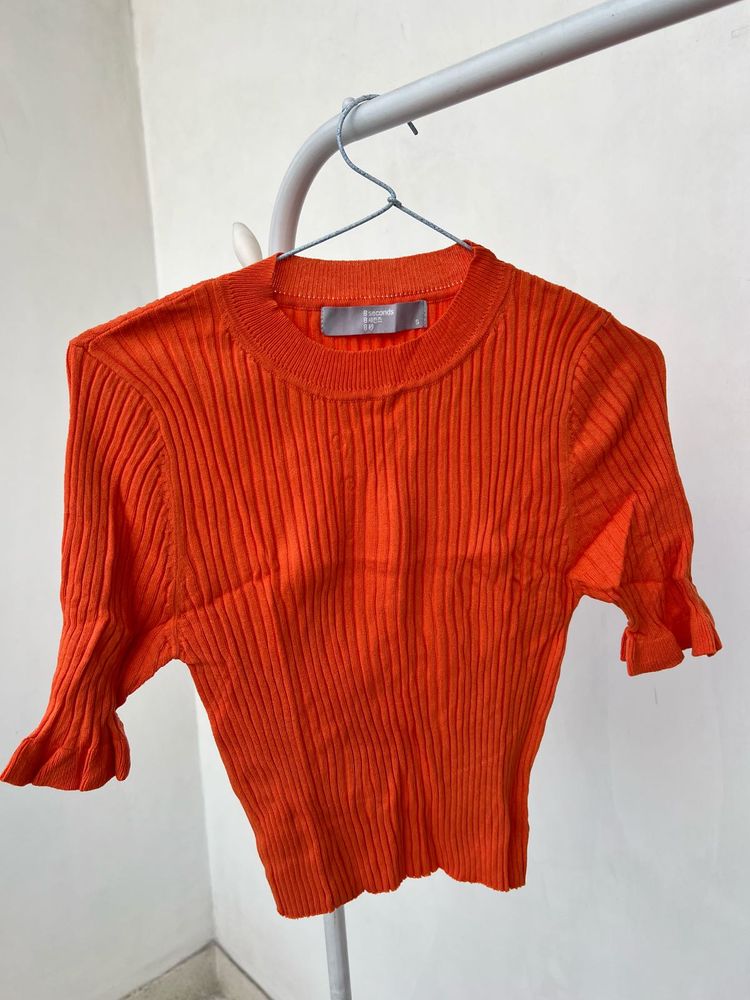 Orange Ribbed Knit Top