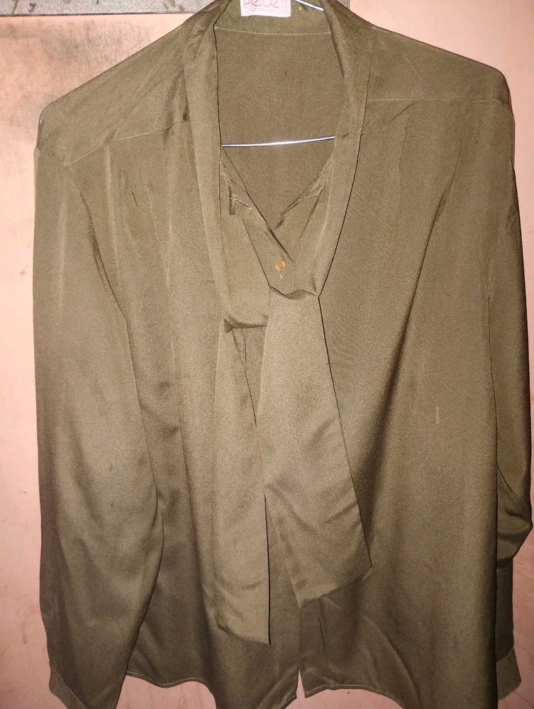 Elegant Olive Green Tie-Neck Blouse