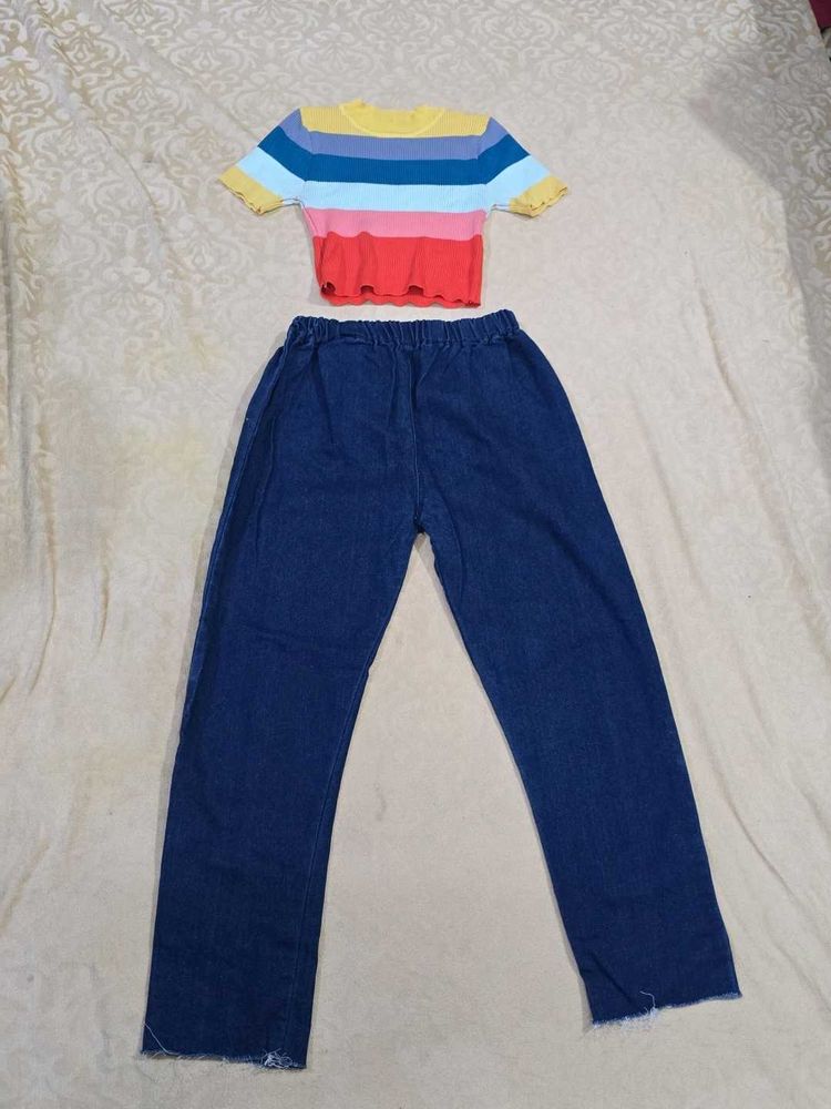 Rainbow Stripe Crop Top &amp; Jeans Set