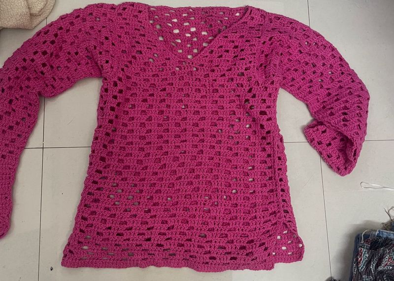 Pink Crochet V-Neck Tunic