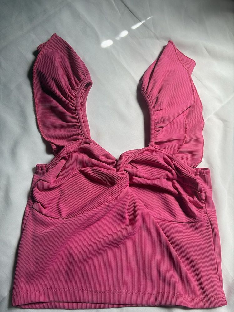 Ruffled Detail Pink Crop Top