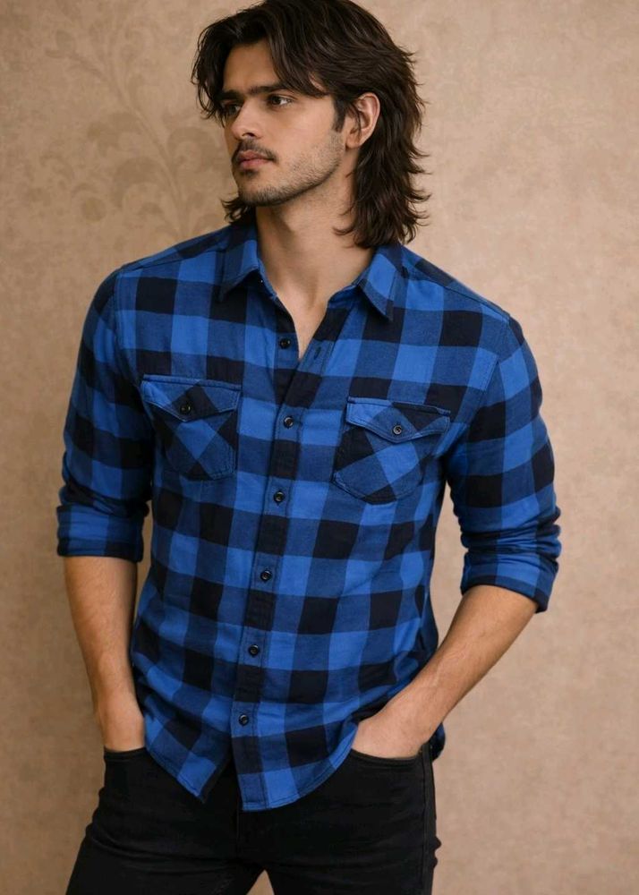 Men’s Blue &amp; Black Checkered Casual Shirt