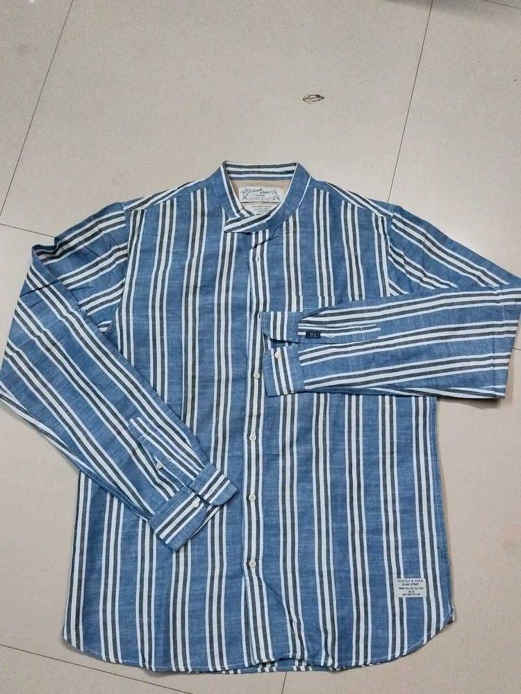 Scotch And Soda Branded Striped Blue Casual Shirt