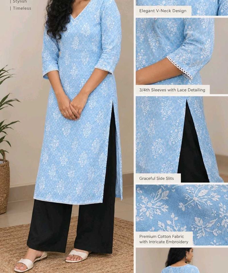 Light Blue Printed Cotton Kurta