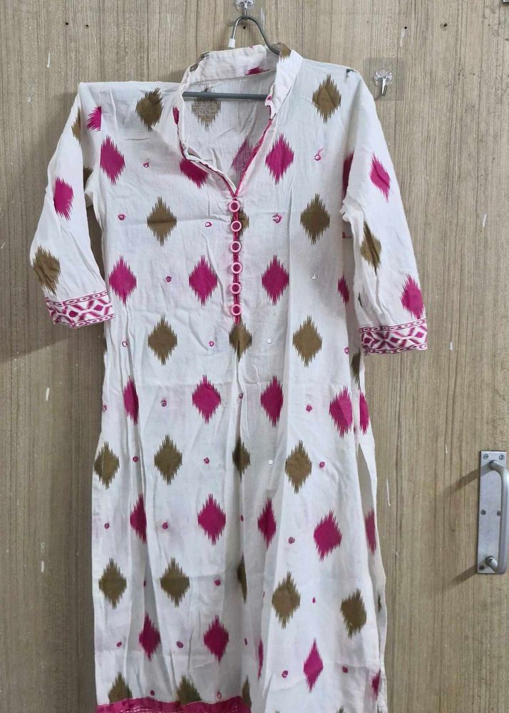 White Kurta with Pink &amp; Brown Ikat Print