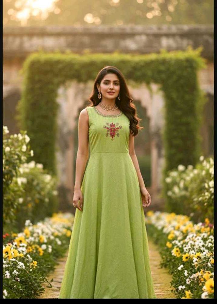 bust 38 Elegant Green Embroidered Ethnic Gown