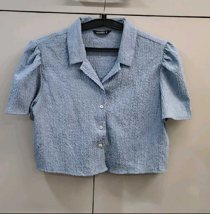 Blue Textured Short Sleeve Collared Top