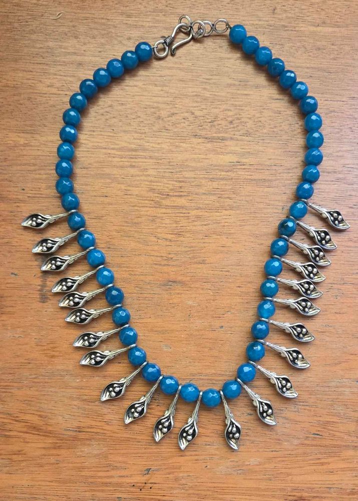 Blue Agate Necklace with pure silver ornaments
