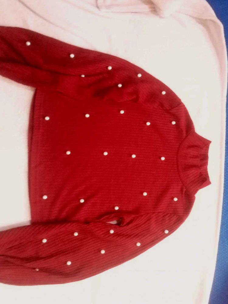 Chic Red Pearl Embellished Sweater