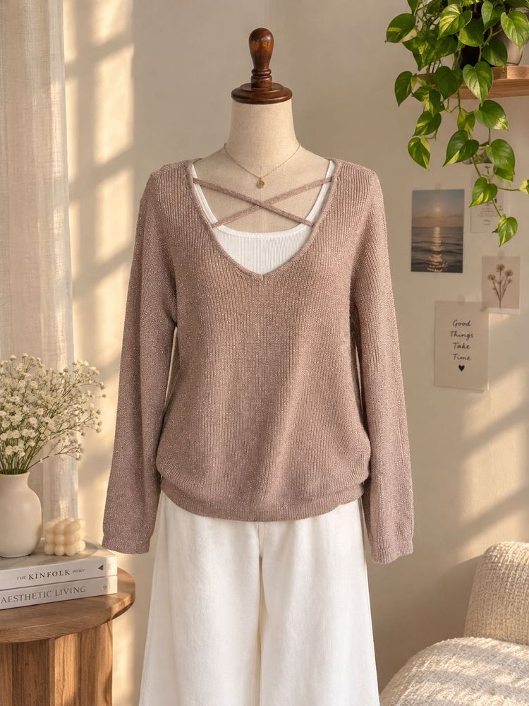 Cozy Knit Sweater with Criss-Cross Neckline
