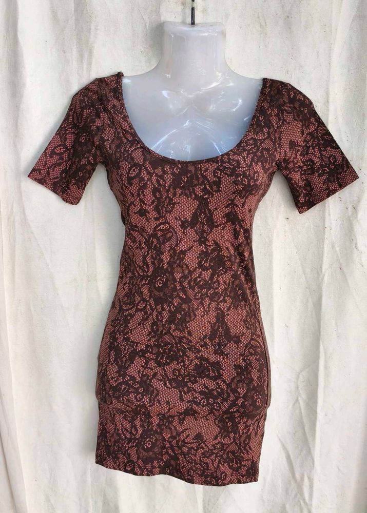 Brown Lace Print Short Sleeve bodycon