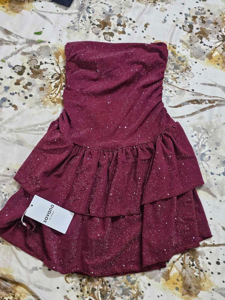 Savana Sparkly Strapless Ruffled Dress