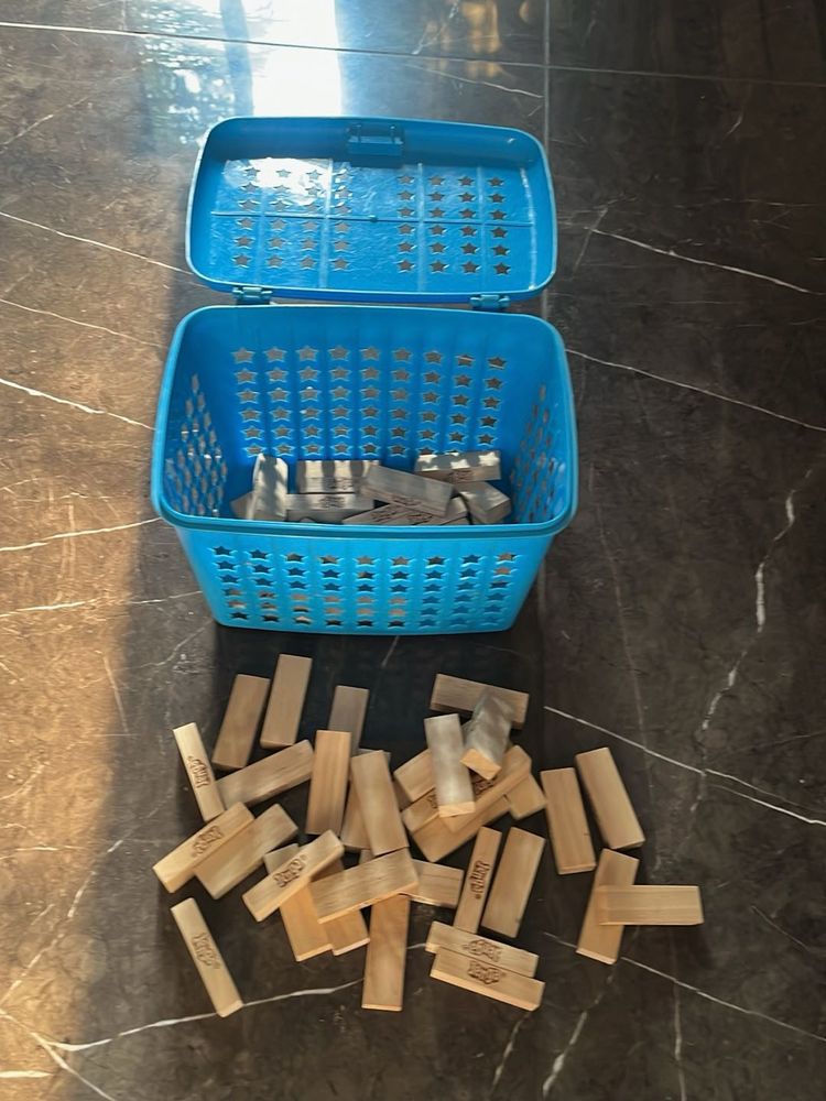 Jenga Game Set with Blue Storage Bin