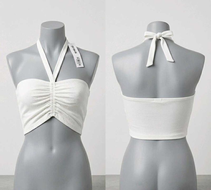 White Ruched Halter Neck Crop Top