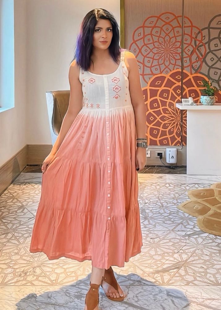 Bombay Paisley Peach Embroidered Tiered Dress