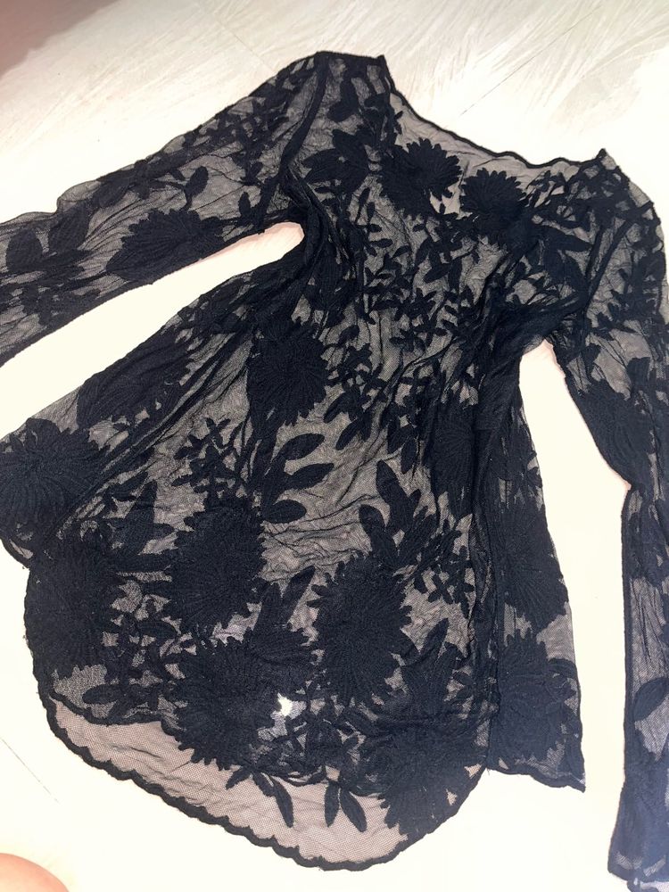 Black Floral Sheer Long Sleeve Top