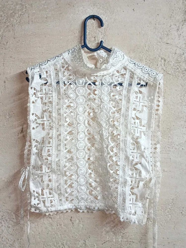 Elegant White Lace Mock Neck Shrug Top