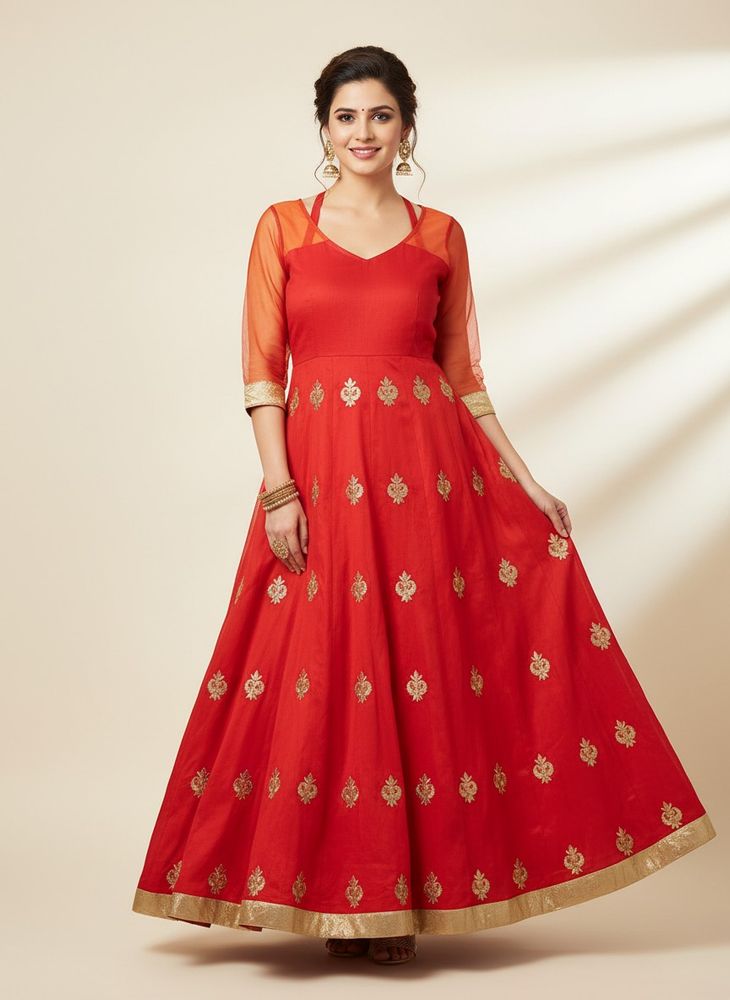 Red &amp; Gold Embroidered Anarkali Dress
