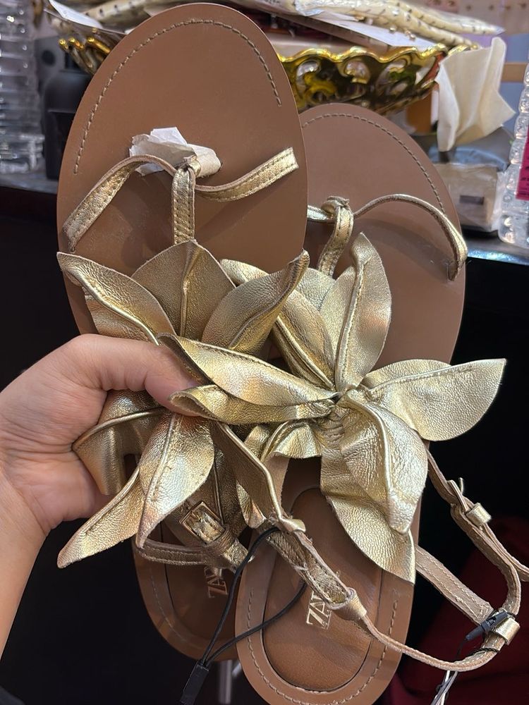 Golden Floral Embellished Flat Sandals