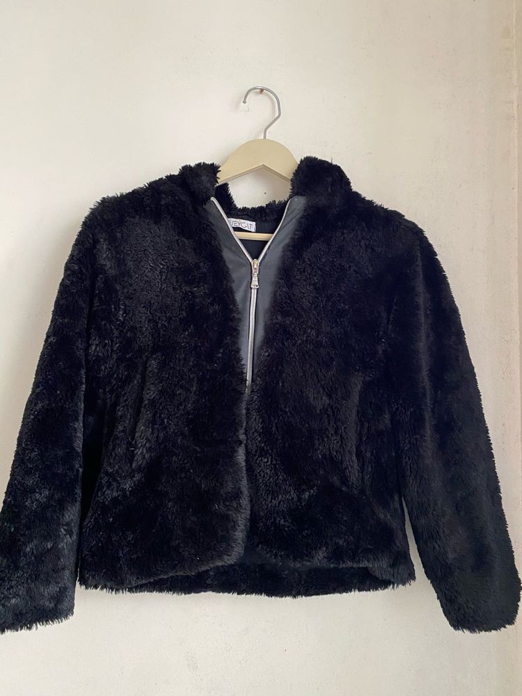 Cozy Black Faux Fur Jacket with cap