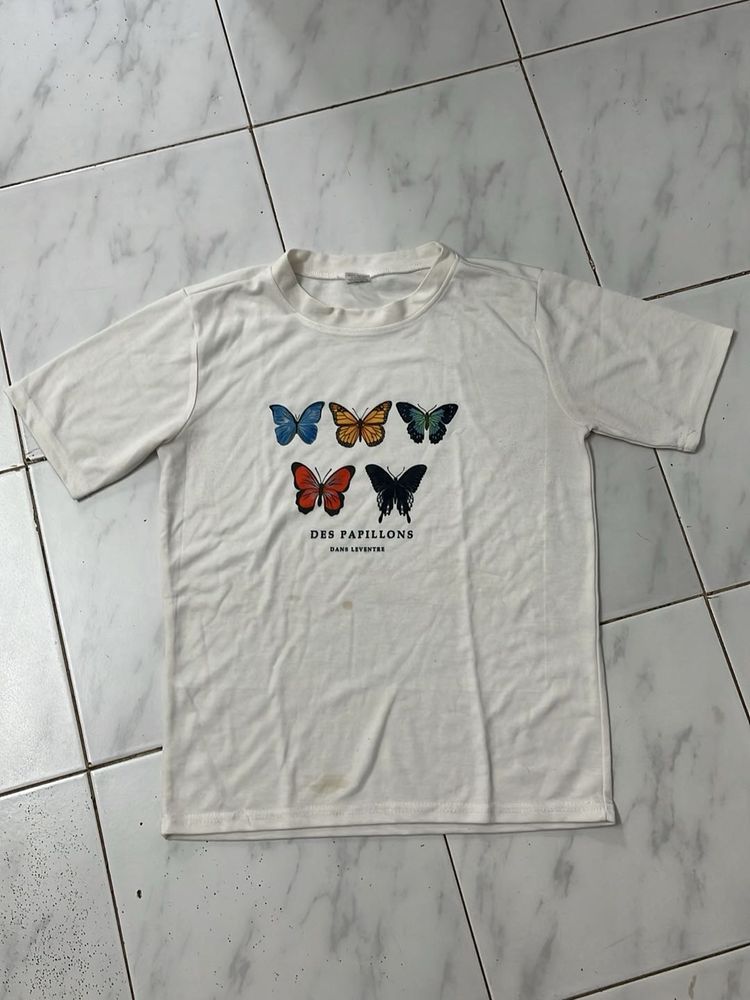 White Butterfly Print T-Shirt