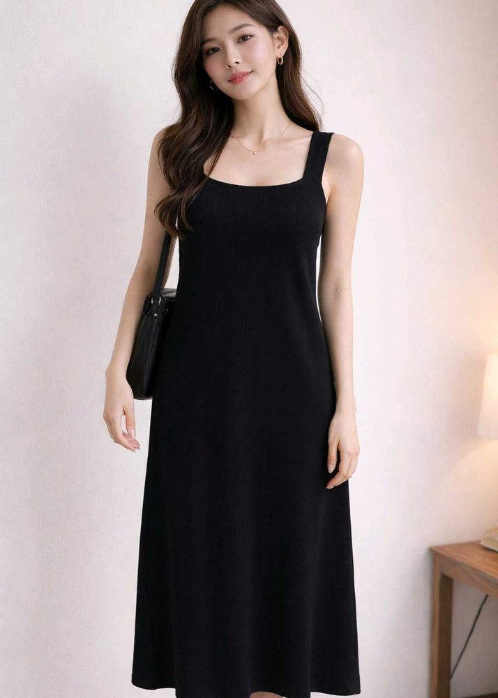 Chic Square Neck Sleeveless Black Midi Dress
