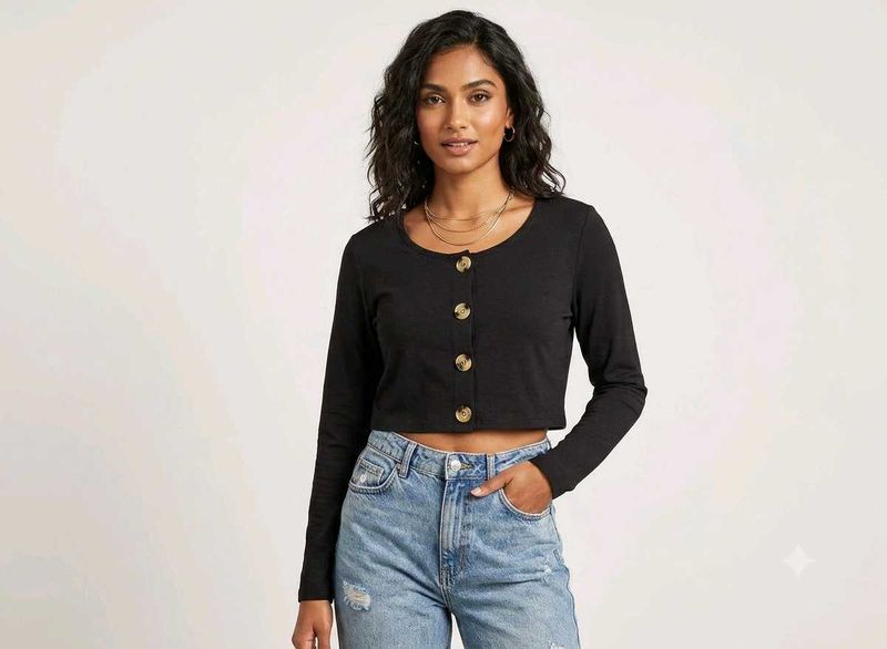 Black Cropped Button-Up Long Sleeve Top