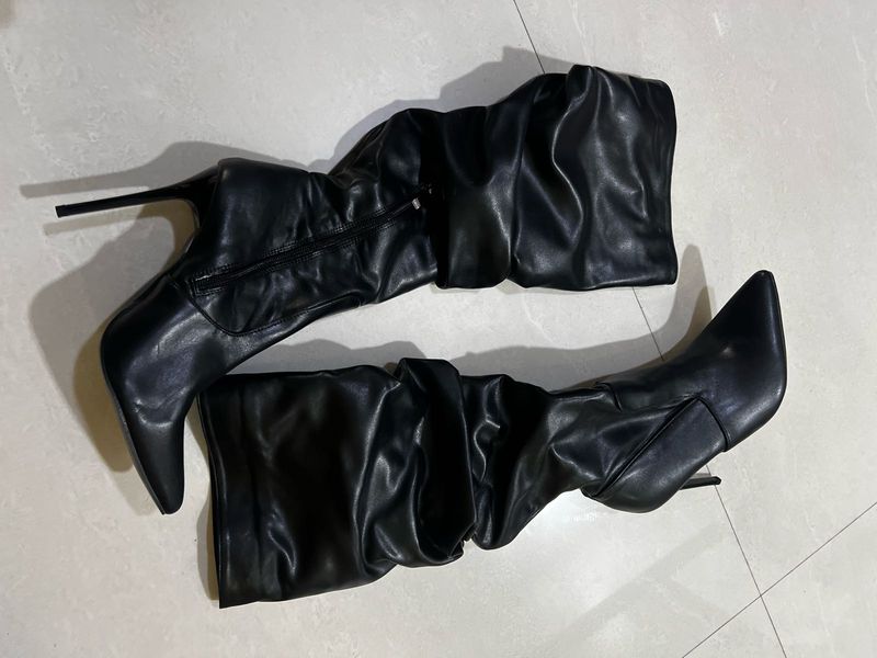 Chic Black Faux Leather Thigh-High Boots