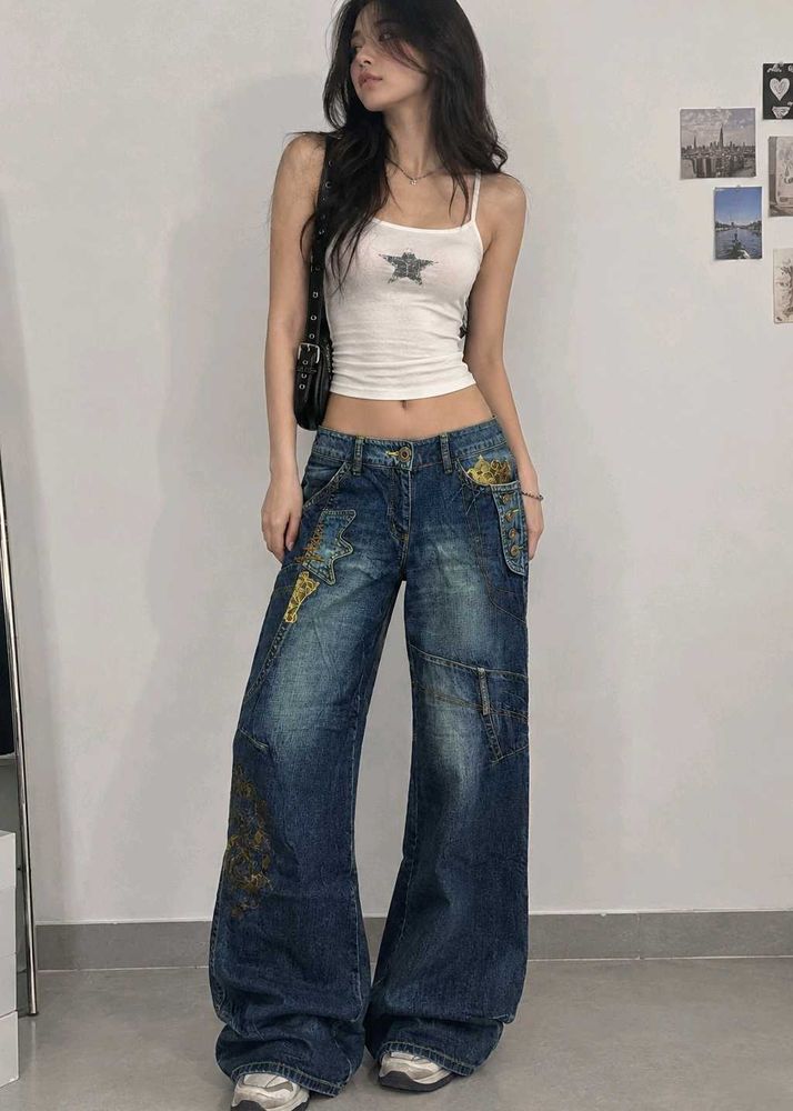 UNIQUE Y2K Embellished Wide Leg jeans