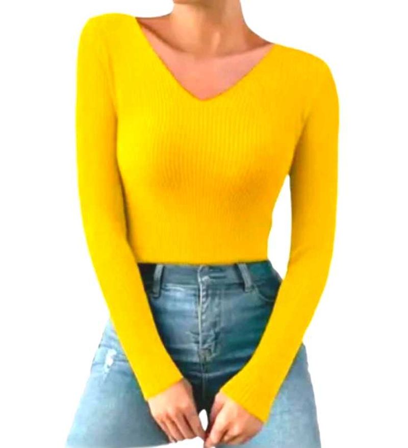 Bright Yellow V-Neck Ribbed Sweater
