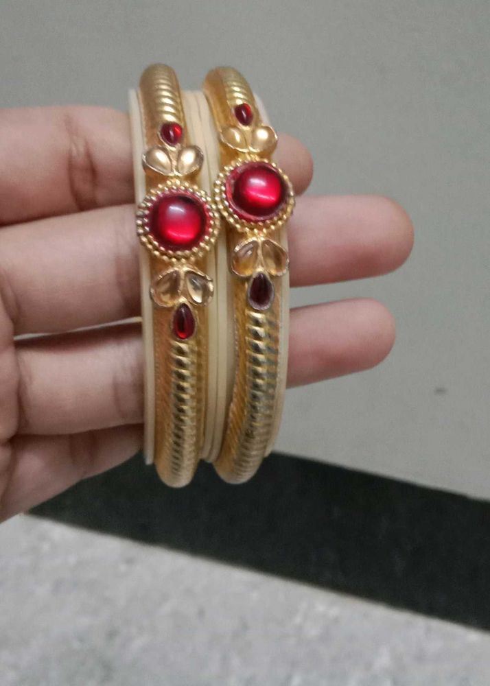 Elegant Gold &amp; Red Stone Bangles