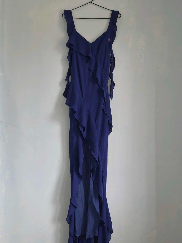 Elegant Ruffled Royal Blue Maxi Dress