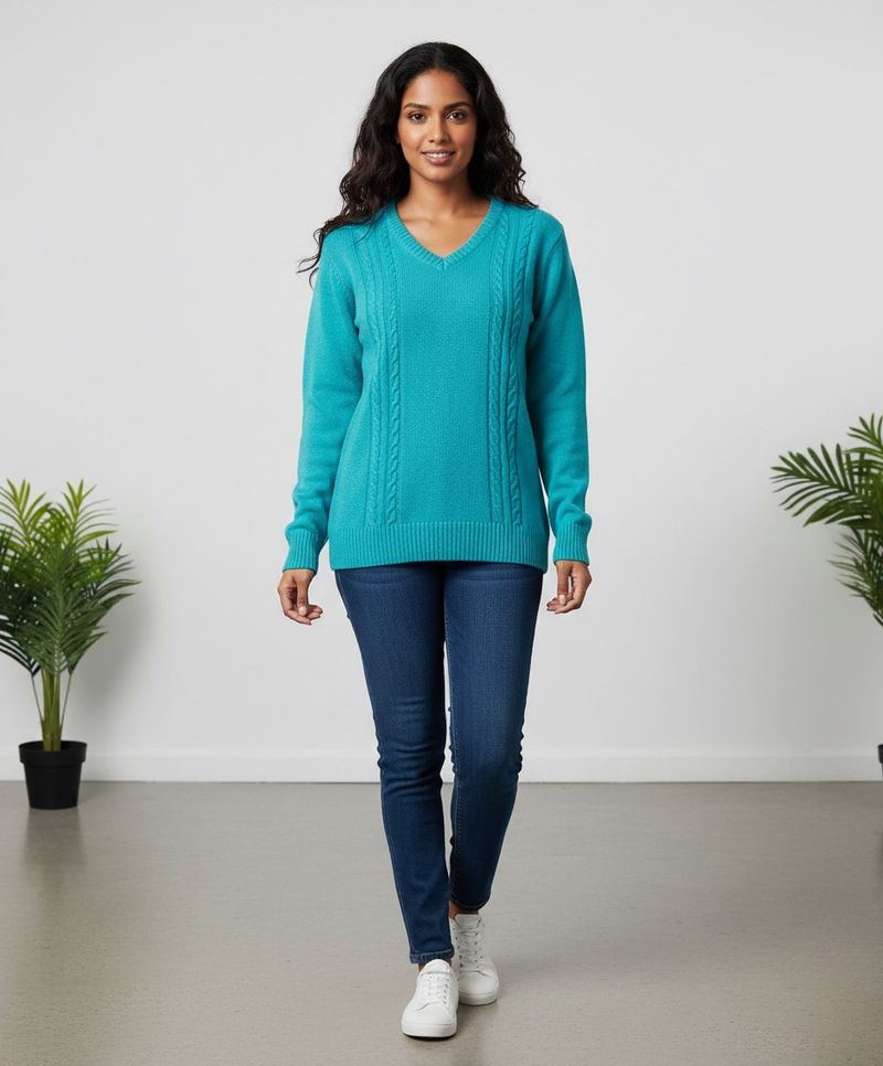 Stylish Blue V-Neck Cable Knit Sweater
