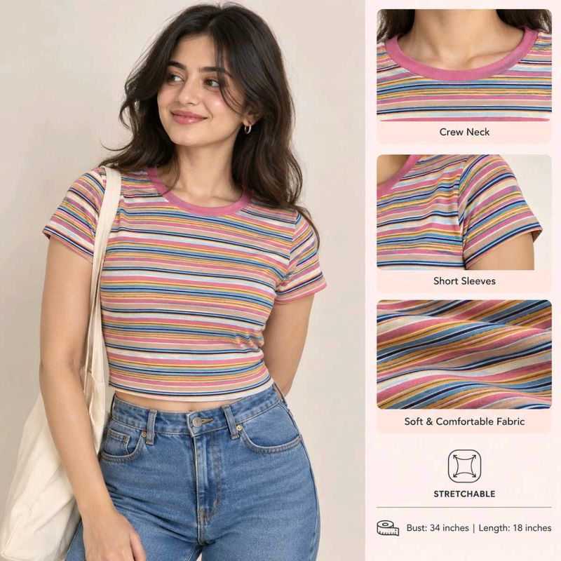 Colorful Striped Cropped 3 T-Shirt
