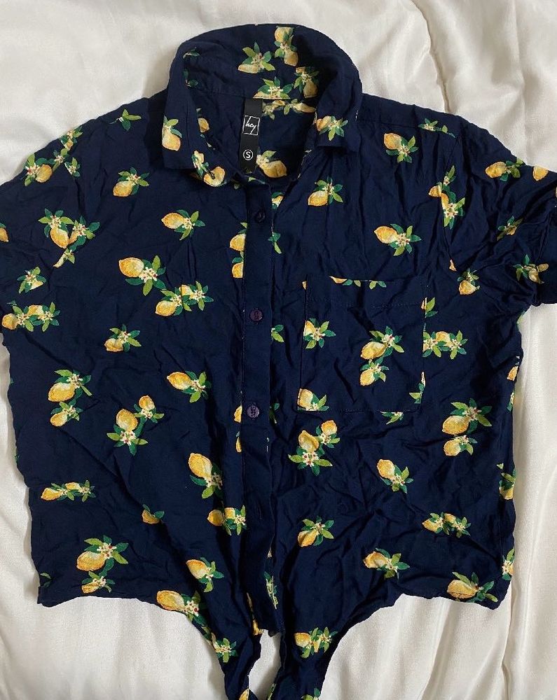 Summer Lemon Print Tie Up Crop Top