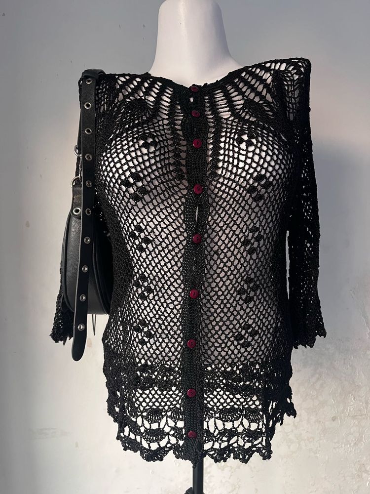 Black Crochet Button-Up Top