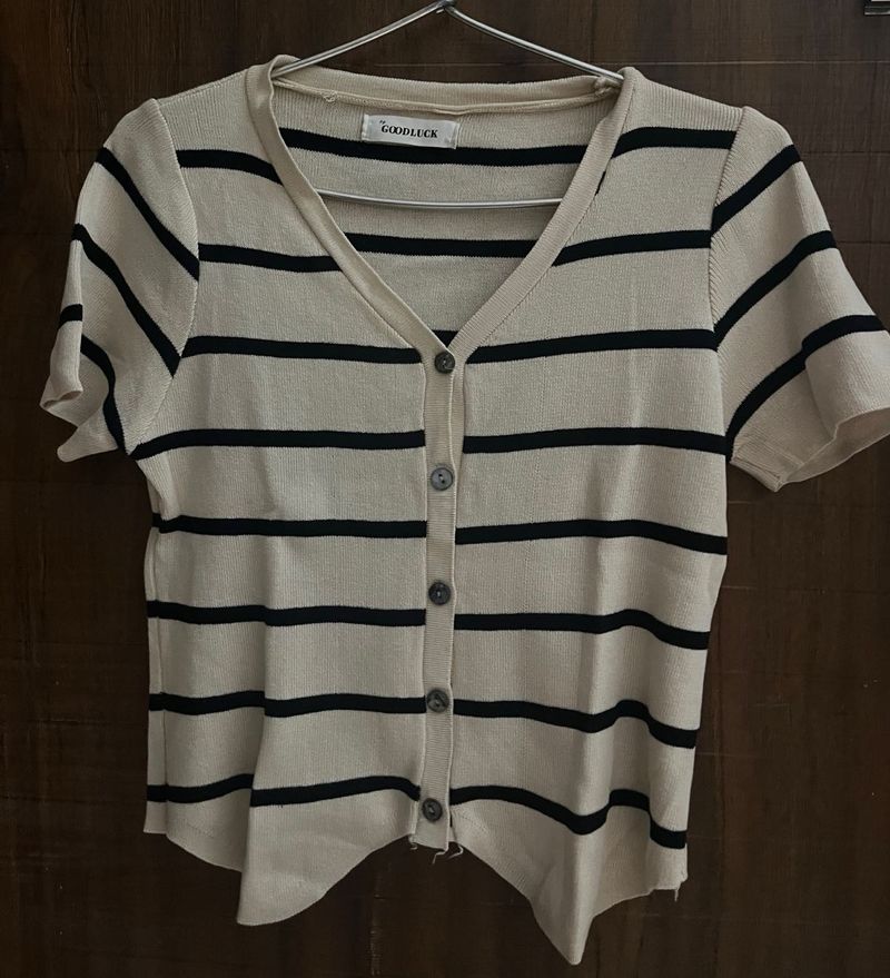 Striped Knit V-Neck Button-Up Top and Skirt Co-ord