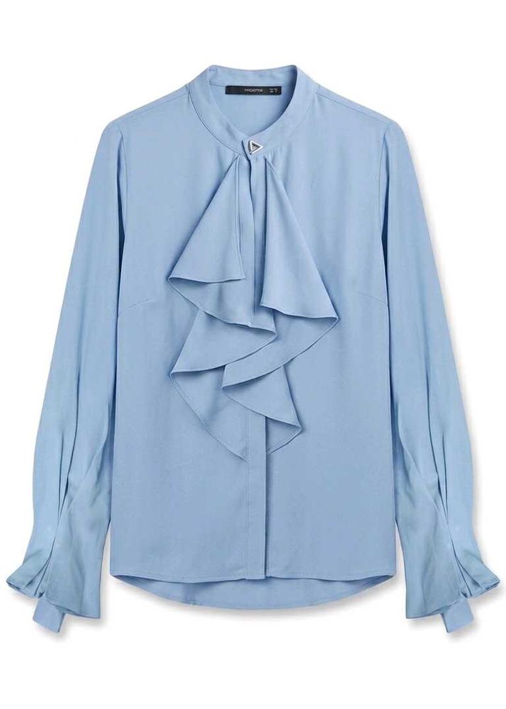 Chic Ruffle Front Blue Blouse