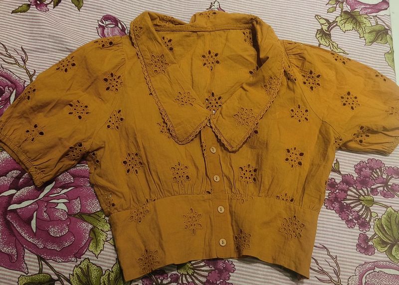 Mustard Floral Embroidered Top