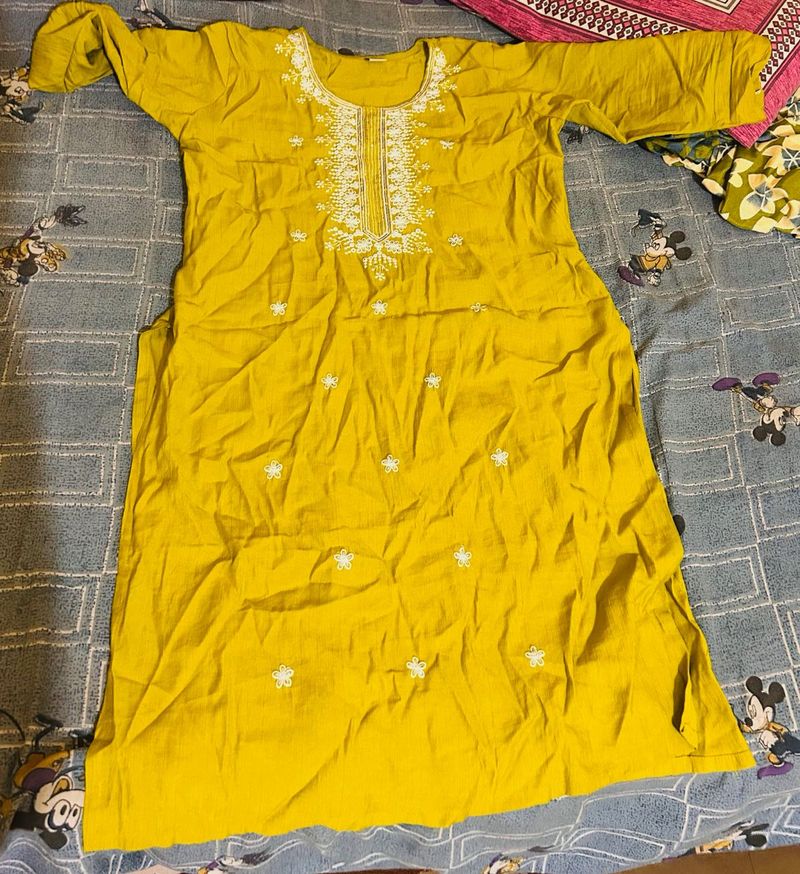 Yellow Kurta with White Embroidery