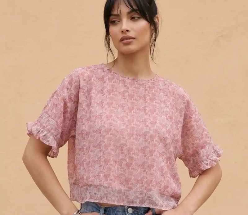 Pink Floral Print Ruffled Sleeve Top