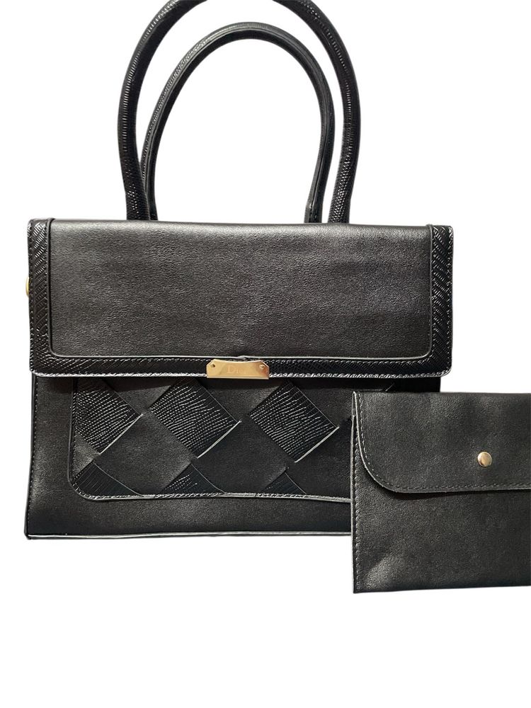 Vintage Black Woven Detail Handbag + Pouch